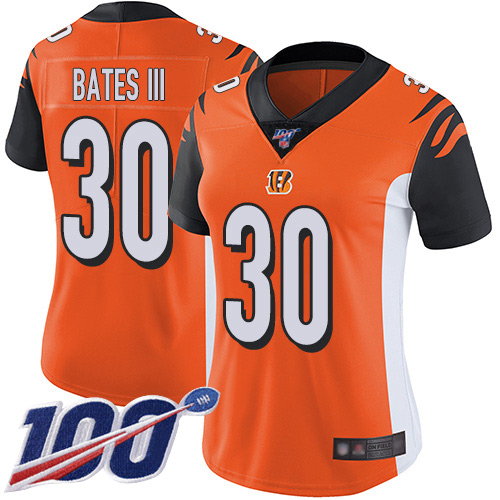 Bengals #30 Jessie Bates III Orange Alternate Women's Stitched Football 100th Season Vapor Limited Jersey