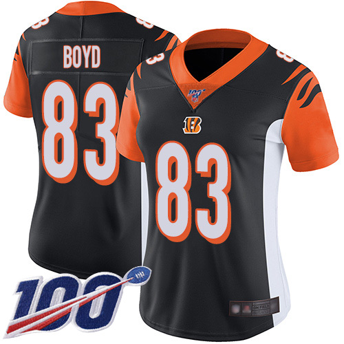 Bengals #83 Tyler Boyd Black Team Color Women's Stitched Football 100th Season Vapor Limited Jersey
