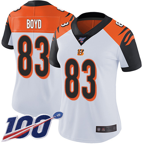 Bengals #83 Tyler Boyd White Women's Stitched Football 100th Season Vapor Limited Jersey