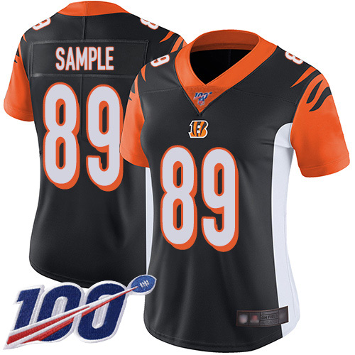 Bengals #89 Drew Sample Black Team Color Women's Stitched Football 100th Season Vapor Limited Jersey