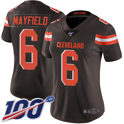 Browns #6 Baker Mayfield Brown Team Color Women's Stitched Football 100th Season Vapor Limited Jersey