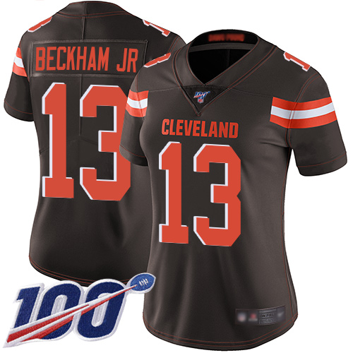 Browns #13 Odell Beckham Jr Brown Team Color Women's Stitched Football 100th Season Vapor Limited Jersey