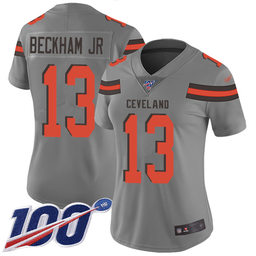 Browns #13 Odell Beckham Jr Gray Women's Stitched Football Limited Inverted Legend 100th Season Jersey