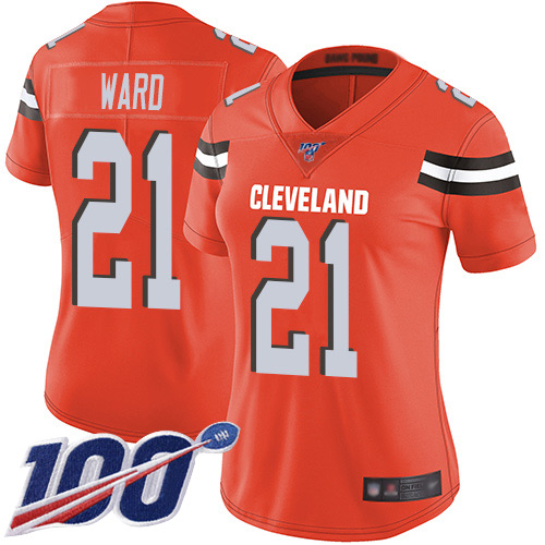Browns #21 Denzel Ward Orange Alternate Women's Stitched Football 100th Season Vapor Limited Jersey