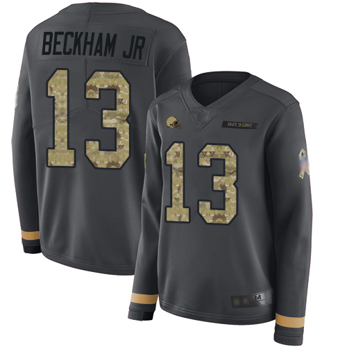 Nike Browns #13 Odell Beckham Jr Anthracite Salute to Service Women's Stitched NFL Limited Therma Long Sleeve Jersey