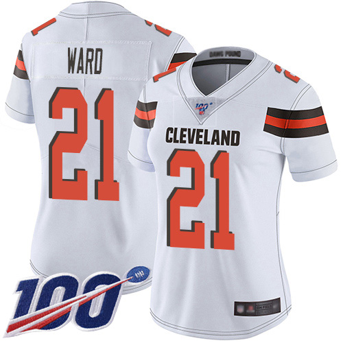 Browns #21 Denzel Ward White Women's Stitched Football 100th Season Vapor Limited Jersey