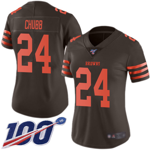 Browns #24 Nick Chubb Brown Women's Stitched Football Limited Rush 100th Season Jersey
