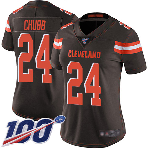 Browns #24 Nick Chubb Brown Team Color Women's Stitched Football 100th Season Vapor Limited Jersey