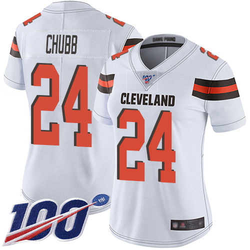 Browns #24 Nick Chubb White Women's Stitched Football 100th Season Vapor Limited Jersey
