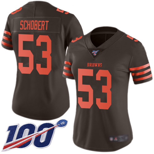 Browns #53 Joe Schobert Brown Women's Stitched Football Limited Rush 100th Season Jersey