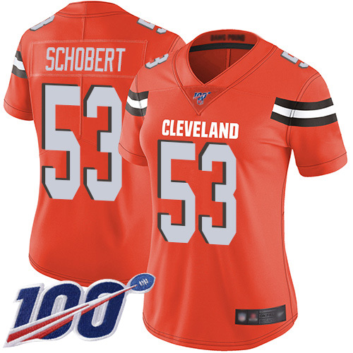 Browns #53 Joe Schobert Orange Alternate Women's Stitched Football 100th Season Vapor Limited Jersey
