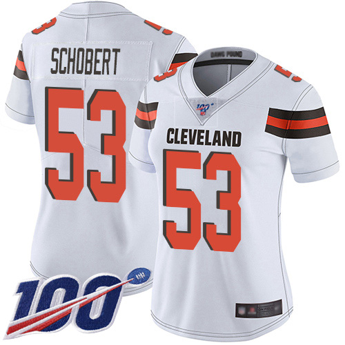 Browns #53 Joe Schobert White Women's Stitched Football 100th Season Vapor Limited Jersey