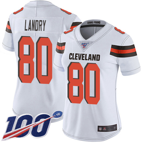 Browns #80 Jarvis Landry White Women's Stitched Football 100th Season Vapor Limited Jersey