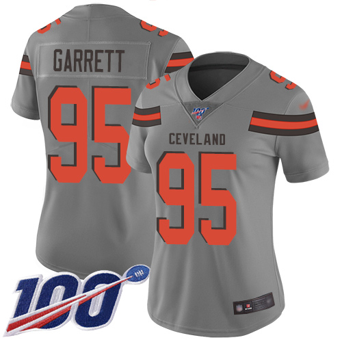 Browns #95 Myles Garrett Gray Women's Stitched Football Limited Inverted Legend 100th Season Jersey