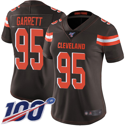 Browns #95 Myles Garrett Brown Team Color Women's Stitched Football 100th Season Vapor Limited Jersey