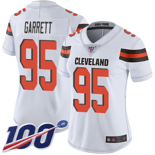 Browns #95 Myles Garrett White Women's Stitched Football 100th Season Vapor Limited Jersey