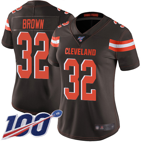 Browns #32 Jim Brown Brown Team Color Women's Stitched Football 100th Season Vapor Limited Jersey