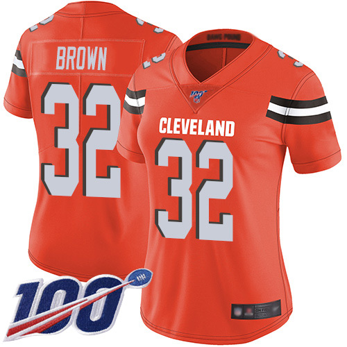 Browns #32 Jim Brown Orange Alternate Women's Stitched Football 100th Season Vapor Limited Jersey