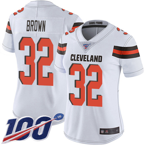 Browns #32 Jim Brown White Women's Stitched Football 100th Season Vapor Limited Jersey