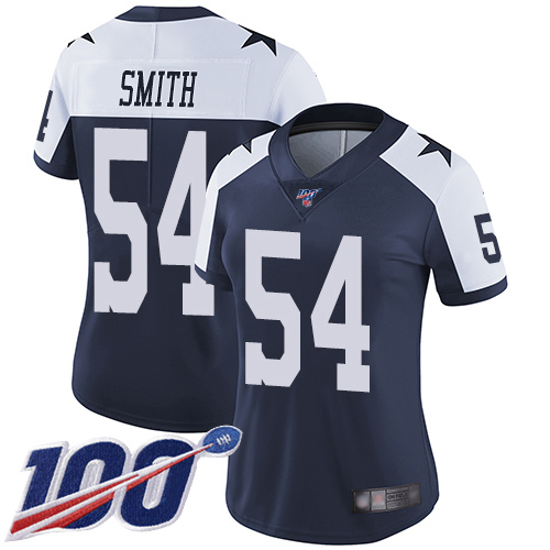 Cowboys #54 Jaylon Smith Navy Blue Thanksgiving Women's Stitched Football 100th Season Vapor Throwback Limited Jersey