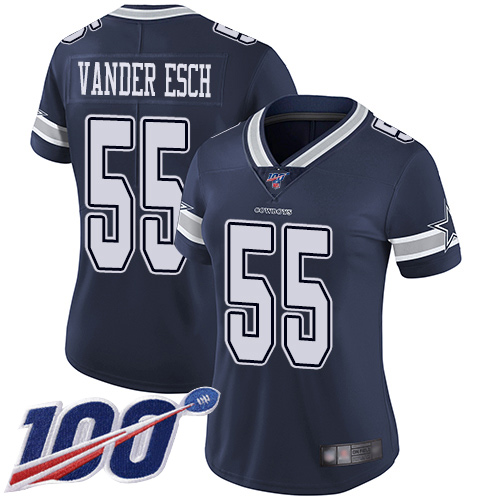 Cowboys #55 Leighton Vander Esch Navy Blue Team Color Women's Stitched Football 100th Season Vapor Limited Jersey