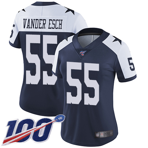 Cowboys #55 Leighton Vander Esch Navy Blue Thanksgiving Women's Stitched Football 100th Season Vapor Throwback Limited Jersey