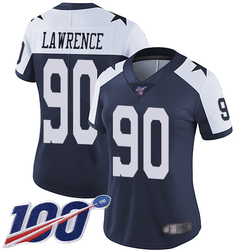 Cowboys #90 Demarcus Lawrence Navy Blue Thanksgiving Women's Stitched Football 100th Season Vapor Throwback Limited Jersey