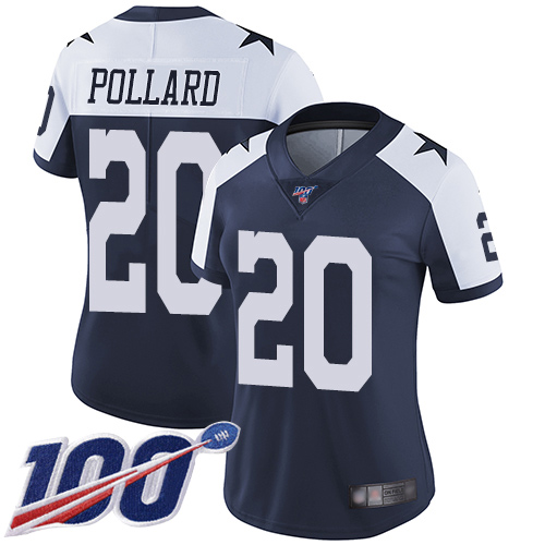 Cowboys #20 Tony Pollard Navy Blue Thanksgiving Women's Stitched Football 100th Season Vapor Throwback Limited Jersey