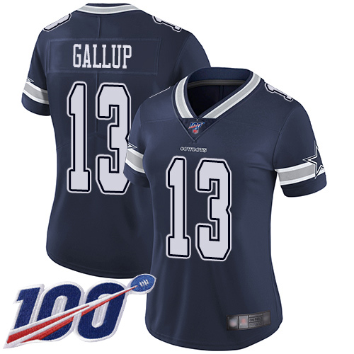 Cowboys #13 Michael Gallup Navy Blue Team Color Women's Stitched Football 100th Season Vapor Limited Jersey
