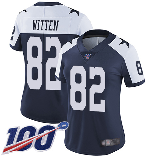 Cowboys #82 Jason Witten Navy Blue Thanksgiving Women's Stitched Football 100th Season Vapor Throwback Limited Jersey