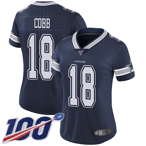 Cowboys #18 Randall Cobb Navy Blue Team Color Women's Stitched Football 100th Season Vapor Limited Jersey