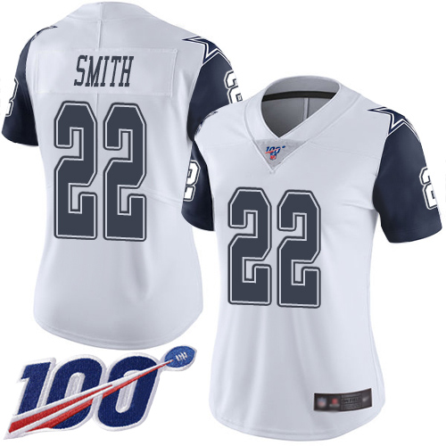 Cowboys #22 Emmitt Smith White Women's Stitched Football Limited Rush 100th Season Jersey