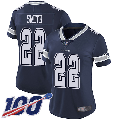 Cowboys #22 Emmitt Smith Navy Blue Team Color Women's Stitched Football 100th Season Vapor Limited Jersey