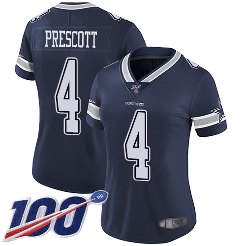 Cowboys #4 Dak Prescott Navy Blue Team Color Women's Stitched Football 100th Season Vapor Limited Jersey