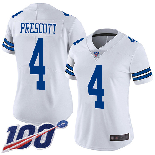 Cowboys #4 Dak Prescott White Women's Stitched Football 100th Season Vapor Limited Jersey