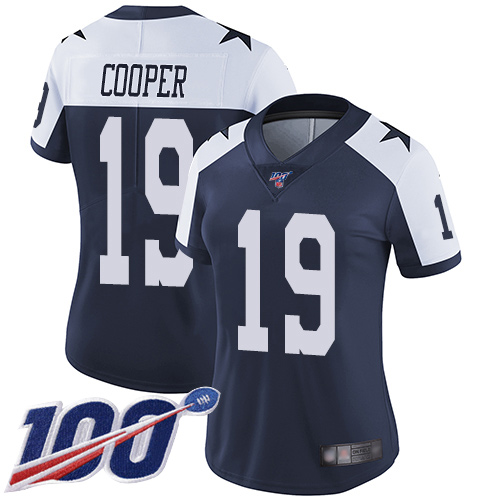 Cowboys #19 Amari Cooper Navy Blue Thanksgiving Women's Stitched Football 100th Season Vapor Throwback Limited Jersey