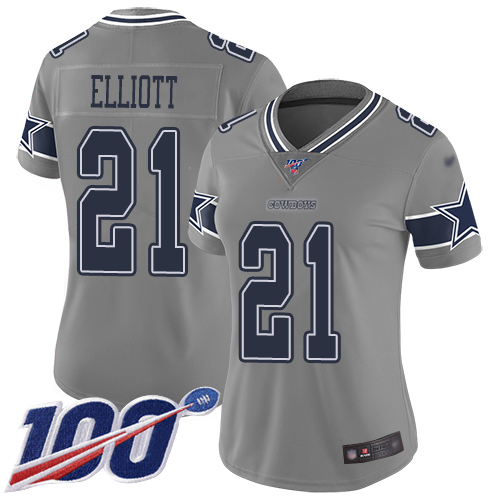 Cowboys #21 Ezekiel Elliott Gray Women's Stitched Football Limited Inverted Legend 100th Season Jersey