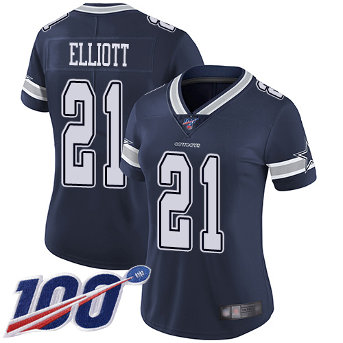 Cowboys #21 Ezekiel Elliott Navy Blue Team Color Women's Stitched Football 100th Season Vapor Limited Jersey