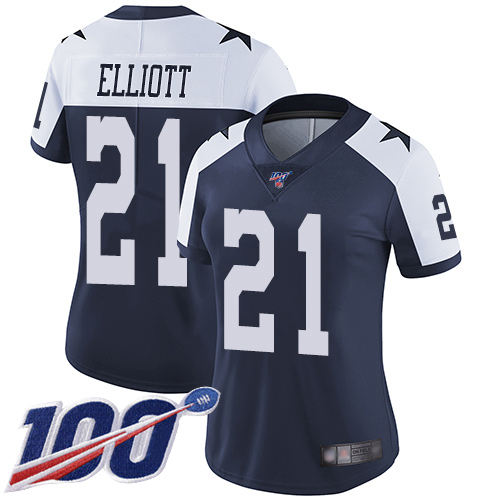 Cowboys #21 Ezekiel Elliott Navy Blue Thanksgiving Women's Stitched Football 100th Season Vapor Throwback Limited Jersey Cowboys #21 Ezekiel Elliott Navy Blue Thanksgiving Women's Stitched Football 100th Season Vapor Throwback Limited Jersey