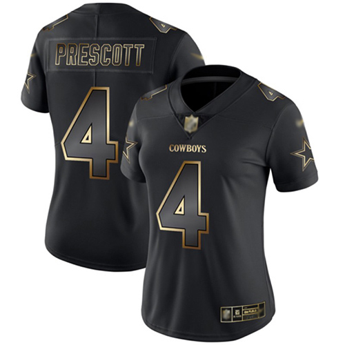 Cowboys #4 Dak Prescott Black/Gold Women's Stitched Football Vapor Untouchable Limited Jersey