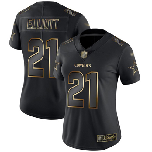 Cowboys #21 Ezekiel Elliott Black/Gold Women's Stitched Football Vapor Untouchable Limited Jersey