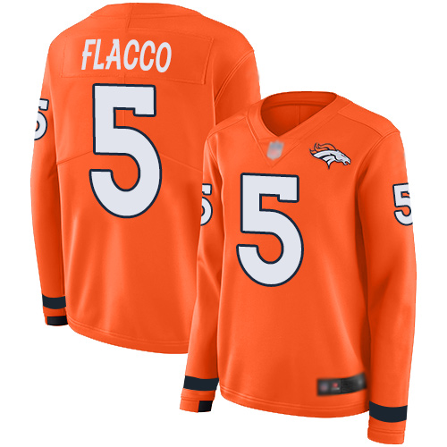 Nike Broncos #5 Joe Flacco Orange Team Color Women's Stitched NFL Limited Therma Long Sleeve Jersey
