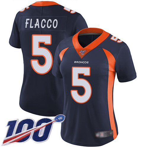 Broncos #5 Joe Flacco Navy Blue Alternate Women's Stitched Football 100th Season Vapor Limited Jersey
