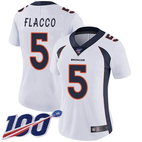Broncos #5 Joe Flacco White Women's Stitched Football 100th Season Vapor Limited Jersey
