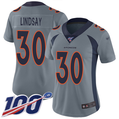 Broncos #30 Phillip Lindsay Gray Women's Stitched Football Limited Inverted Legend 100th Season Jersey