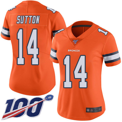 Broncos #14 Courtland Sutton Orange Women's Stitched Football Limited Rush 100th Season Jersey