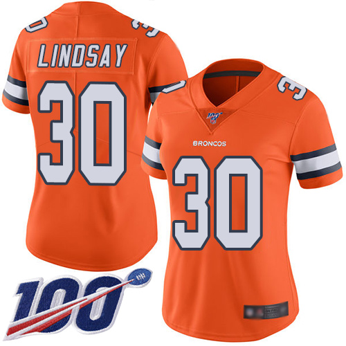 Broncos #30 Phillip Lindsay Orange Women's Stitched Football Limited Rush 100th Season Jersey