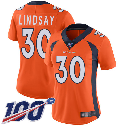 Broncos #30 Phillip Lindsay Orange Team Color Women's Stitched Football 100th Season Vapor Limited Jersey