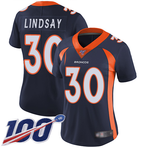 Broncos #30 Phillip Lindsay Navy Blue Alternate Women's Stitched Football 100th Season Vapor Limited Jersey