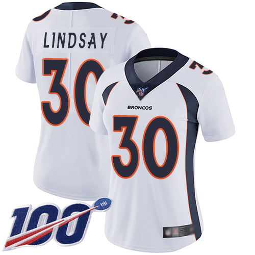 Broncos #30 Phillip Lindsay White Women's Stitched Football 100th Season Vapor Limited Jersey